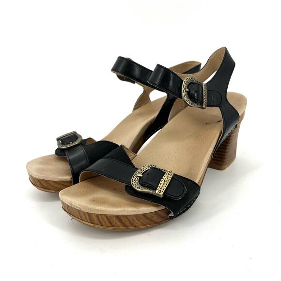 Dansko Women's 9.5 EU40 Black Leather Anna Block Heeled Buckle Sandal Comfort - Picture 1 of 7